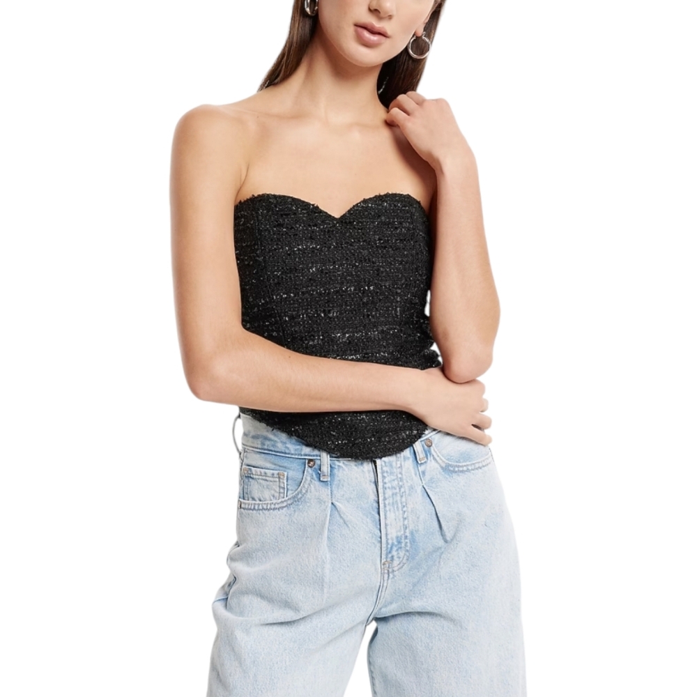 Express Corset Tube Top Womens Large Black Tweed Strapless Sweetheart Neckline